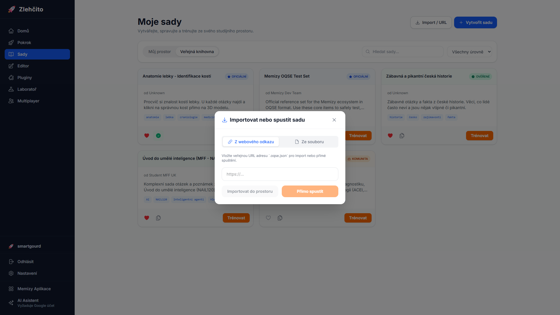 Okno pro import studijní sady přes URL nebo soubor