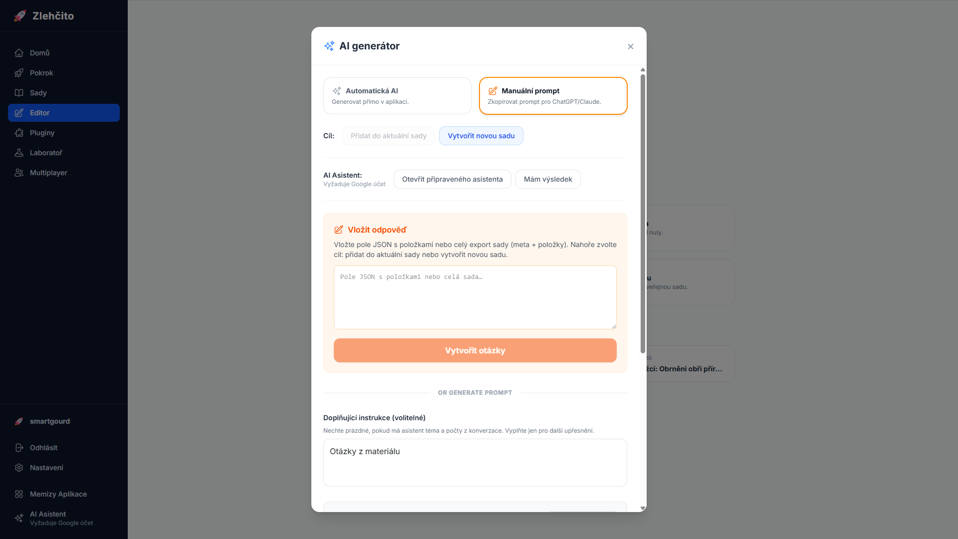 Režim manuálního promptu pro externí AI modely