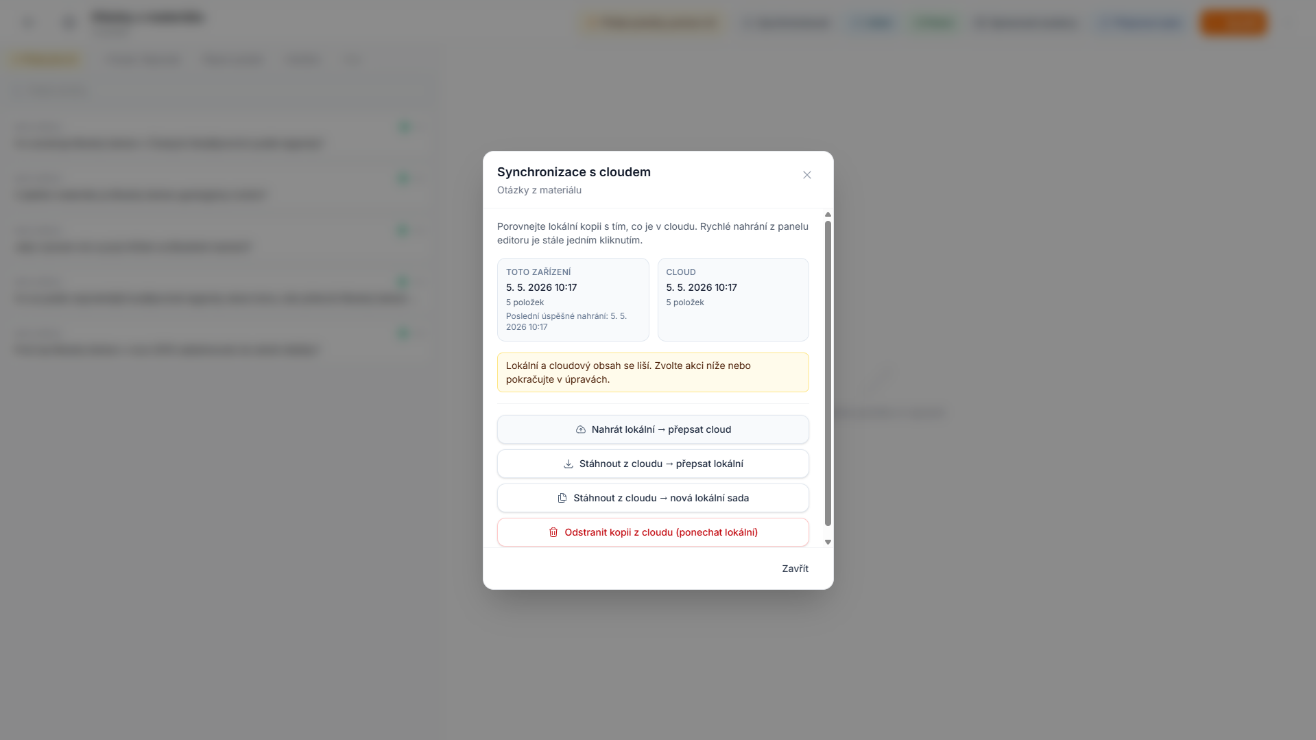 Dialog pro řešení konfliktů při synchronizaci s cloudem